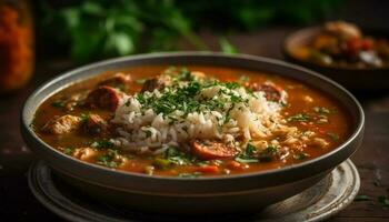 frisch gekocht Gemüse Suppe im rustikal Schüssel generiert durch ai foto
