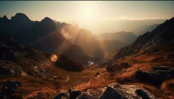 majestätisch Berg Gipfel zurück zündete durch Sonnenaufgang generiert durch ai foto