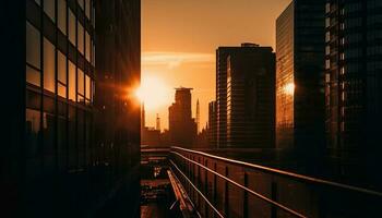 Wolkenkratzer Silhouette spiegelt modern Stadt Leben beim Dämmerung generiert durch ai foto