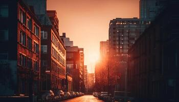 glühend Wolkenkratzer erleuchten das überfüllt Stadt Straße generiert durch ai foto