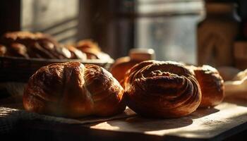 frisch gebacken Brot auf rustikal hölzern Tabelle generiert durch ai foto