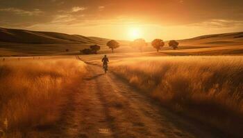 Silhouette von einer Person Radfahren durch Wiese generiert durch ai foto