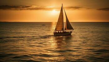 Segeln Yacht gleitet auf still Sonnenuntergang Wellen generiert durch ai foto