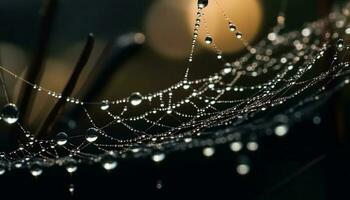 Spinne dreht sich Netz, Tau Tropfen glitzern im Natur generiert durch ai foto