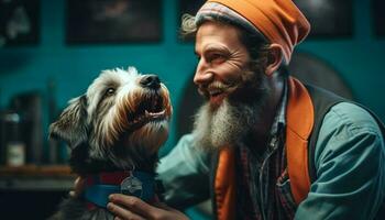 einer Mann und seine Hund, genießen Natur generiert durch ai foto