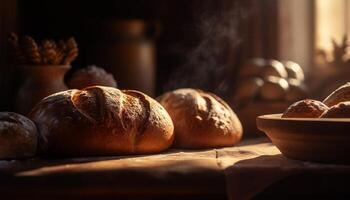 hausgemacht Brot auf rustikal Tisch, frisch und organisch generiert durch ai foto