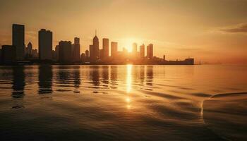 Wolkenkratzer Silhouette Stadt Horizont beim Sonnenuntergang direkt am Wasser generiert durch ai foto