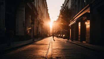 Silhouetten Gehen auf alt Stadt Straße beim Dämmerung generiert durch ai foto