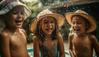 lächelnd Kinder spielen im das Schwimmbad, Glück generiert durch ai foto