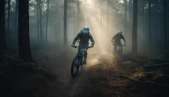 Berg Biker Geschwindigkeit durch nebelig Wald Terrain generiert durch ai foto