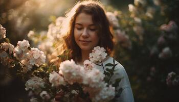 jung Frau genießt Natur Schönheit im Frühling generiert durch ai foto