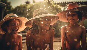 Sonne geküsst Familie genießt sorglos Sommer- Spaß generiert durch ai foto