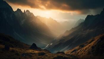 majestätisch Berg Bereich, still Sonnenuntergang, Panorama- Schönheit generiert durch ai foto