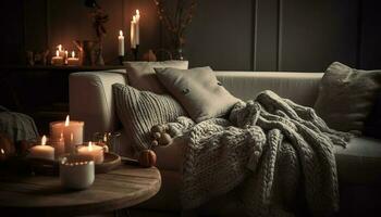 gemütlich modern Schlafzimmer Kissen, Kerzen, und Eleganz generiert durch ai foto