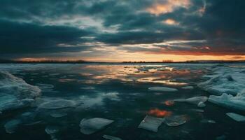 majestätisch Gelb Dämmerung Über gefroren Arktis Landschaft generiert durch ai foto
