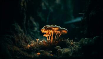 Herbst Pilz Wachstum im nass Wald Terrain generiert durch ai foto