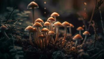 klein Spore entdeckt auf nass schleimig Pilz generiert durch ai foto
