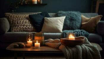 gemütlich glühen leuchtet modern Winter Leben Zimmer generiert durch ai foto