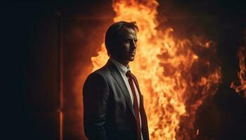 zuversichtlich Geschäftsmann Stehen inmitten Verbrennung natürlich Phänomen generiert durch ai foto