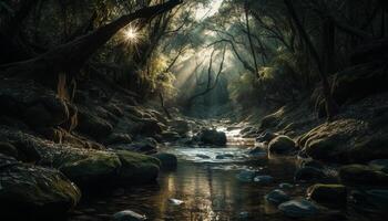 mysteriös Herbst Wald beim Nacht, verzaubert Schönheit generiert durch ai foto