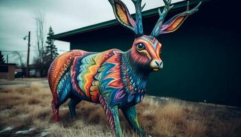 multi farbig Hase genießt Winter Feierlichkeiten im Wald generiert durch ai foto