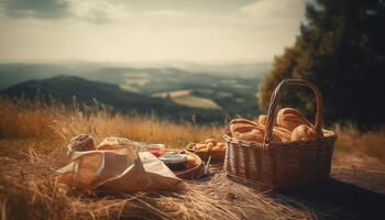 rustikal Picknick organisch brot, frisch Frucht, grasig Wiese generiert durch ai foto