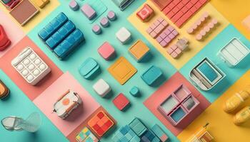 ein spielerisch Kind Erstellen multi farbig Spielzeug Blöcke generiert durch ai foto