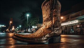 glänzend Leder Stiefel erleuchten das Nacht Straßen generiert durch ai foto