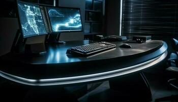 modern Büro Ausrüstung auf ein Blau Schreibtisch generiert durch ai foto