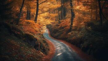 Herbst Reise auf ein still Wald Fußweg generiert durch ai foto