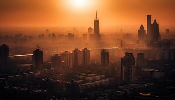 glühend Stadtbild Betrachtung, Sonnenuntergang zu Dämmerung erhebt euch generiert durch ai foto