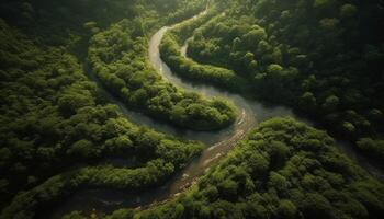 Grün Landschaft mit Bäume in der Nähe von fließend Wasser generiert durch ai foto