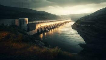 Wasserkraft Leistung Bahnhof erzeugt Elektrizität im Berg Landschaft generiert durch ai foto