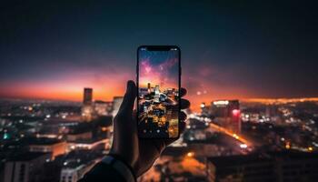 Hand halten Clever Telefon Fotografien Stadt Horizont generiert durch ai foto