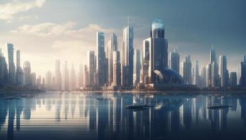 modern die Architektur regiert auf Dubai beschwingt direkt am Wasser generiert durch ai foto