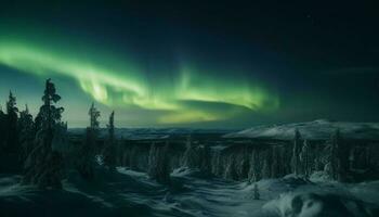 gefroren Landschaft beleuchtet durch das Aurora Polaris generiert durch ai foto