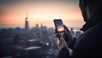 Stadtbild Silhouetten fotografiert auf Handy, Mobiltelefon Telefon Linse generiert durch ai foto