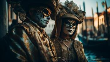 kostümiert Paar genießen Italienisch Karneval beim Nacht generiert durch ai foto