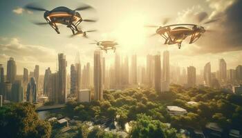 futuristisch Drohne schweben über modern Wolkenkratzer draußen generiert durch ai foto