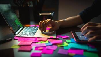 einer Person Arbeiten drinnen auf Laptop Technologie generiert durch ai foto