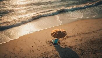 einsam Stuhl wartet romantisch Sonnenuntergang auf Strand generiert durch ai foto