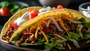 gegrillt Rindfleisch Taco auf frisch Fladenbrot Teller generiert durch ai foto