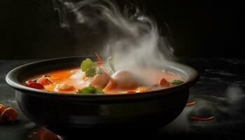 Dampf steigt an von hausgemacht Gemüse Suppe auf Holz generiert durch ai foto