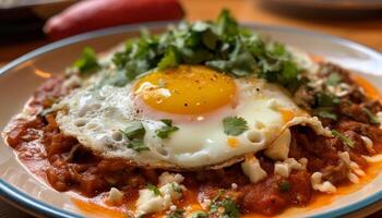 frisch gebacken Gourmet Mahlzeit mit Bohnenkraut Soße generiert durch ai foto