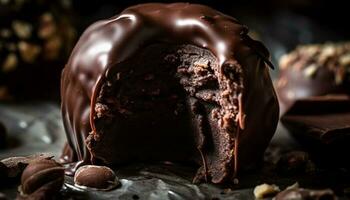 dunkel Schokolade Brownie Scheibe mit hausgemacht Glasur generiert durch ai foto