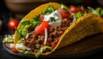 frisch gegrillt Rindfleisch Taco auf hausgemacht Tortilla generiert durch ai foto