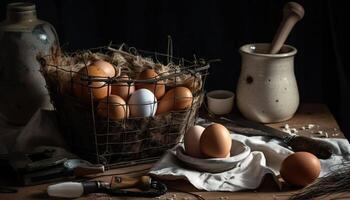 frisch organisch Eier im rustikal hölzern Korb generiert durch ai foto