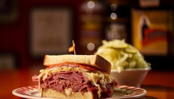 gegrillt Rindfleisch Sandwich mit Fritten und trinken generiert durch ai foto