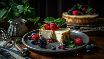 rustikal Beere Käsekuchen Scheibe auf Holz Tabelle generiert durch ai foto