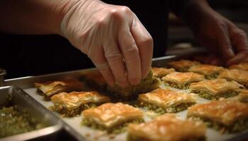 Baklava Scheibe ausgestopft mit Süss Teig und Honig generiert durch ai foto